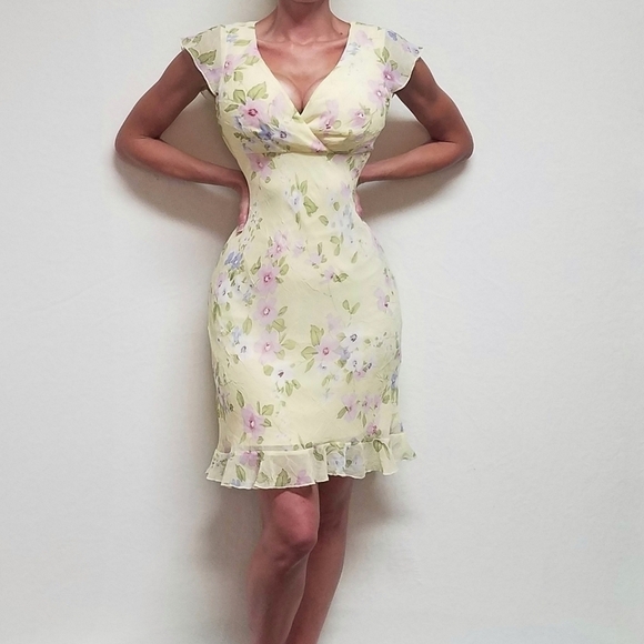 Vintage City Triangles Yellow Pink Floral Ruffle Flutter Sleeve Chiffon Dress M - Picture 2 of 14